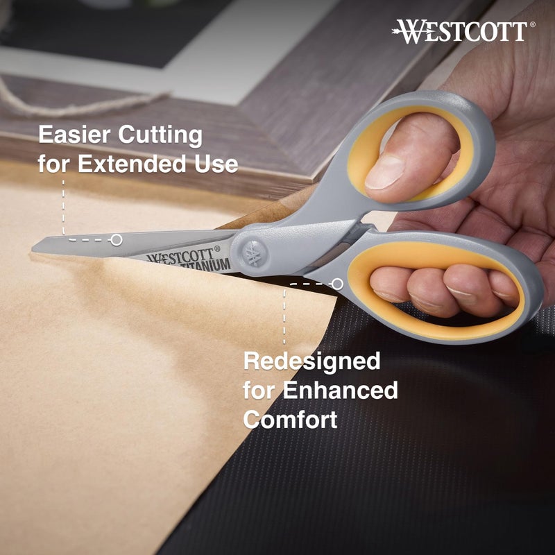 Westcott 8-Inch Titanium Bonded Scissors for Home, Office, and Classroom - Perfect for Cutting Paper, Sewing, and Crafts - Heavy-Duty Design with Soft Handle - Gray/Yellow - 4-Pack - Image 3